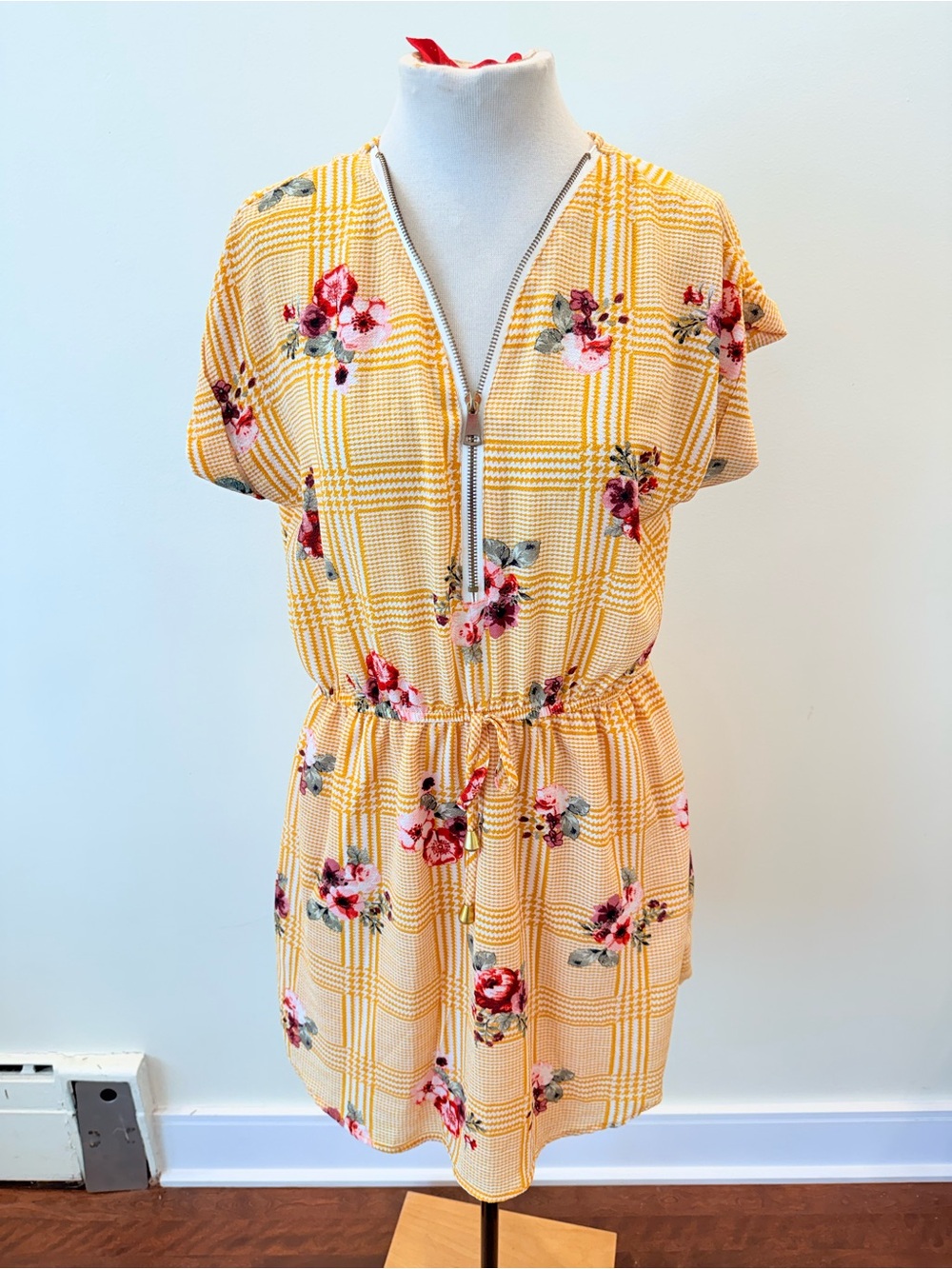 Yellow Plaid Floral Zip-Front Women’s Dress